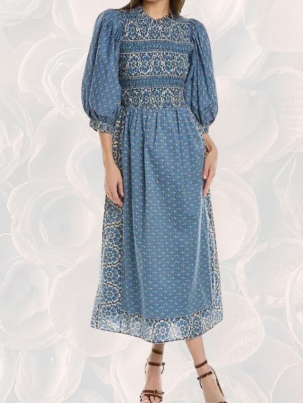 Sea New York Smocked Floral Midi Dress Open Back Boho Prairie XS